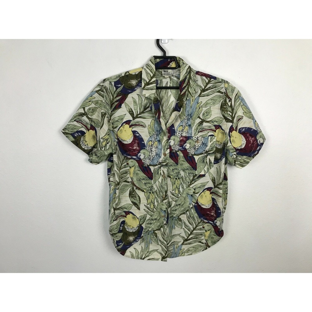 Vintage Leslie Fay Hawaiian Shirt Size 10 Multicolor Birds Floral‎ Short Sleeve